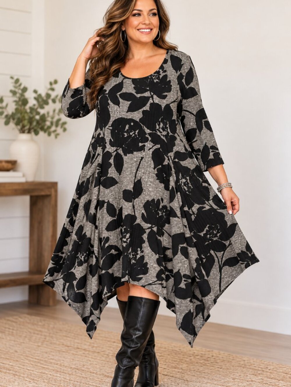 Avenue 18/20 NWT Black Gray Floral Handkerchief Hem Swing Dress Plus Size